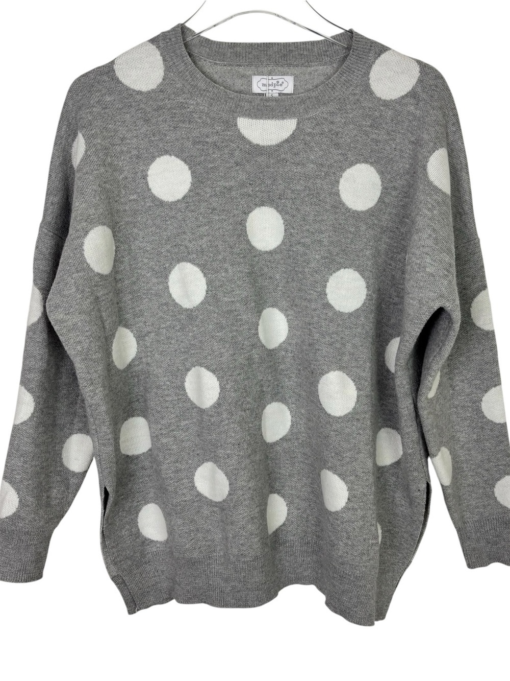 Mud Pie NWT Gray Crewneck Sweater with White Polka Dots Size Small